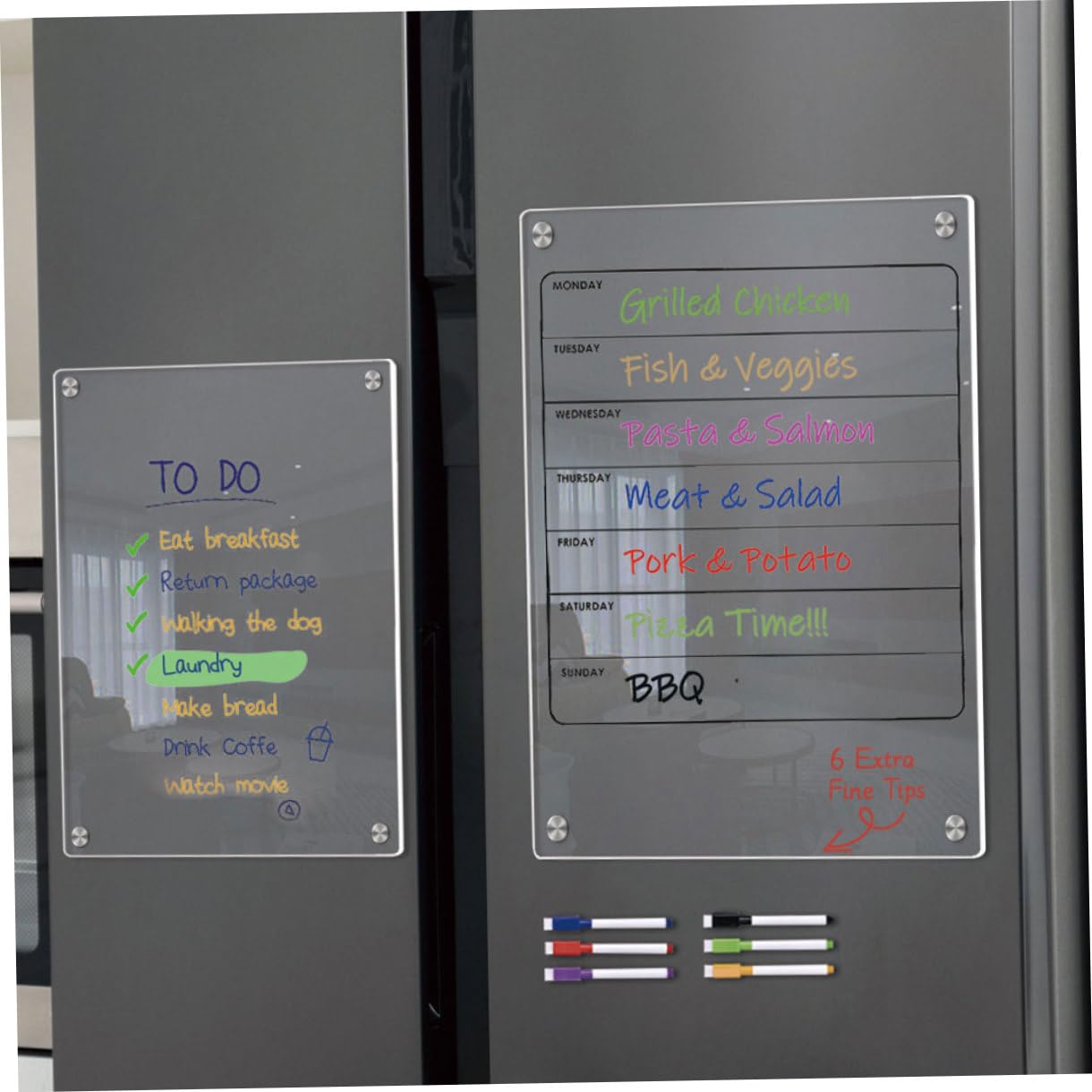 Transparente Acryl Wochenplaner Whiteboard Tafel zum Beschriften | Magnetisch, Wiederverwendbar, Tragbar, für Kühlschrank und Küche, 1 Satz mit Löschbarer Oberfläche
