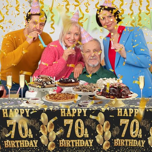 Image of Labeol 3 Pack 70th Birthday Tablecloth, Black and Gold Happy 70th Birthday Decorations, Disposable Plastic Rectangular Table Cover Party Supplies for Men Women