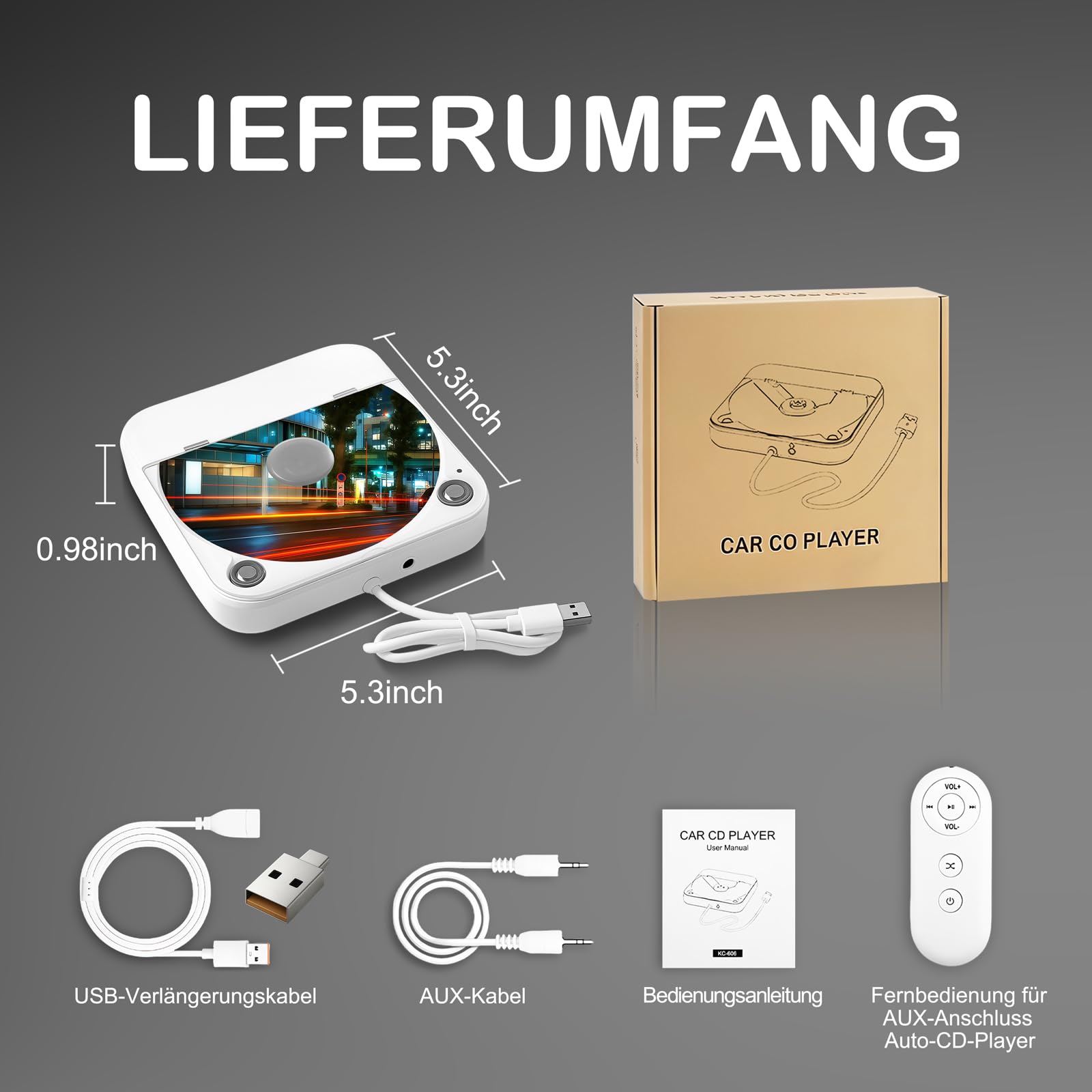 Tragbarer externer CD-Player für Auto: Plug-and-Play, mit USB & AUX, universell für Fahrzeuge, Laptop, TV, PC sowie Android 4.4+ Navigation