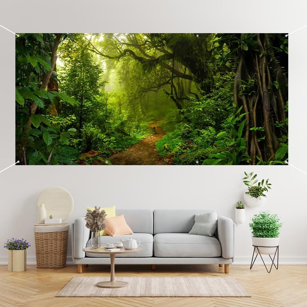 Leyiyi 6x13ft Jungle Forest Garage Door Banner Cover with Grommets Evergreen Forest Jungle Rainforest Old Trees Natural Scenery Wall Door Banner Cover Outdoorsy Camping Theme Party Decorations