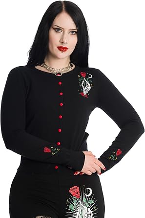 Womens Black Cardigan with Skull Rose and Skeleton Hand Applique, Gothic Skull Hands Cardigan