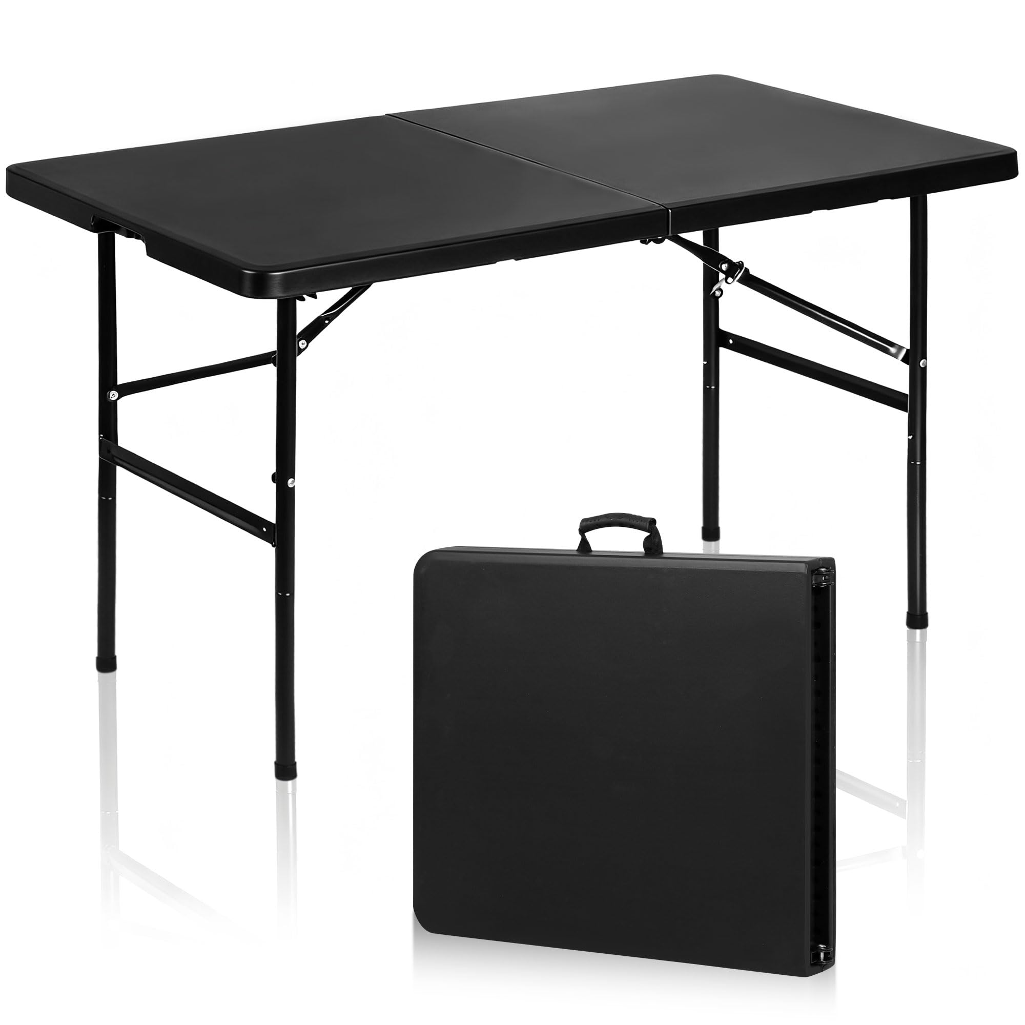 SUPER DEAL Portable 4 Foot Plastic Folding Table, Indoor Outdoor Heavy Duty Fold-in-Half Picnic Party Camping Barbecues Table with Carrying Handle, Black