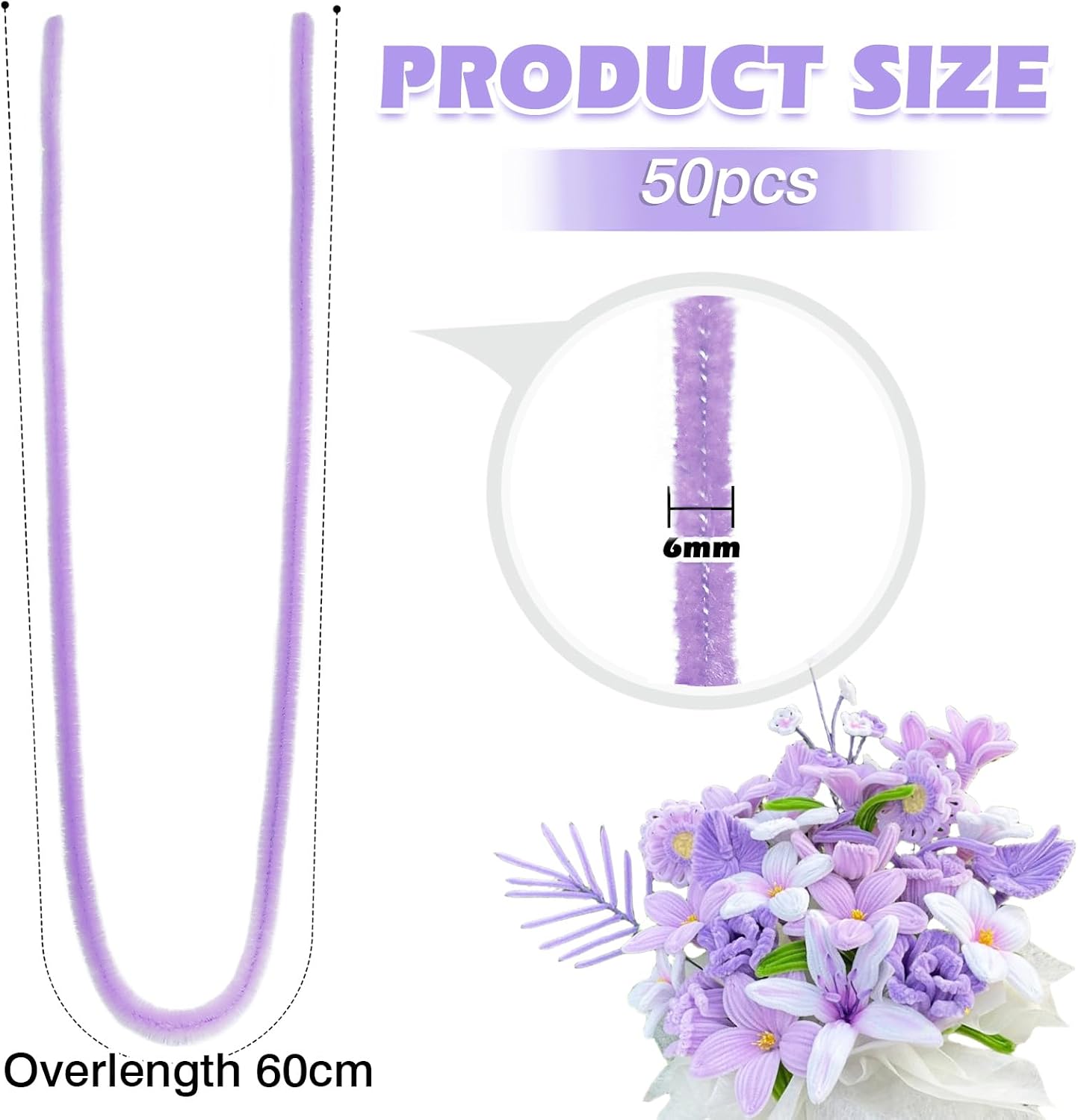 TOAOB 50pcs Pipe Cleaners Pale Purple Overlength Chenille Stems 24 Inch image 2