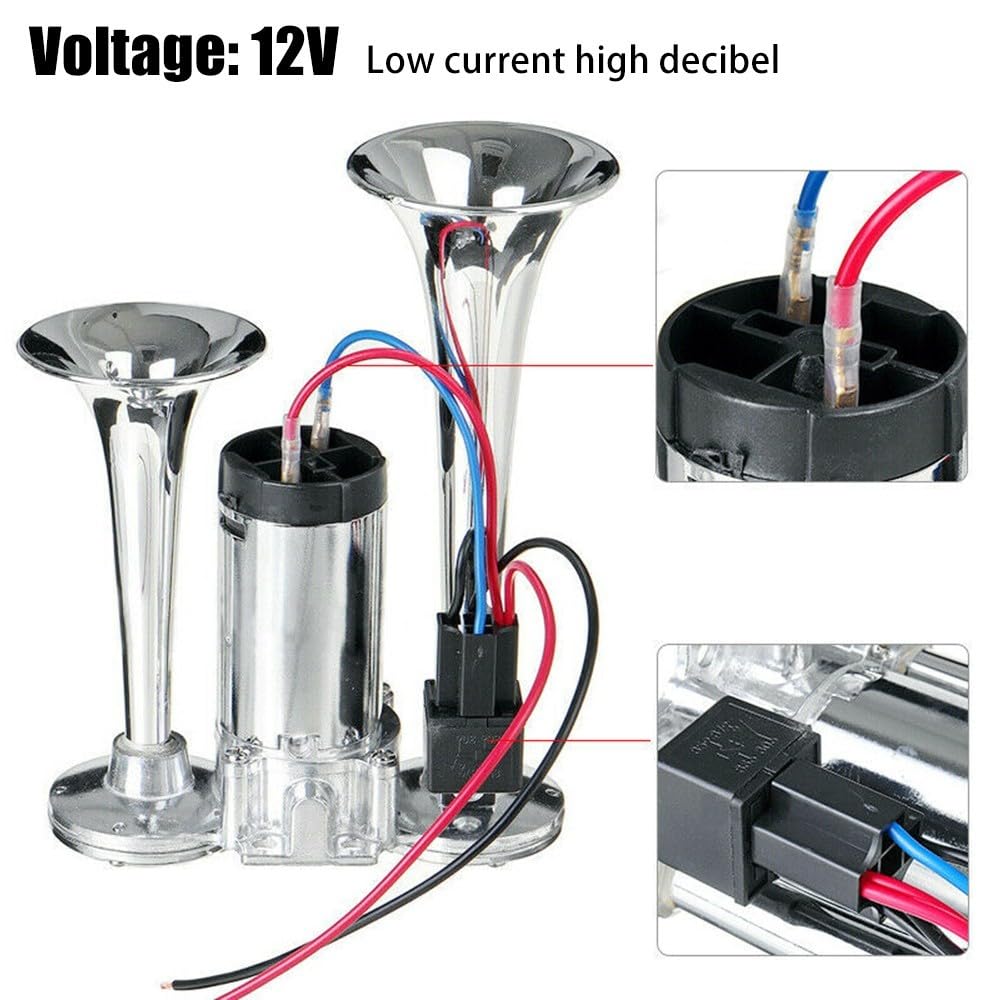 Autohupe, 150 DB Super Laut Doppelte Elektrische Lufthupe Elektrische Hupe Versorgung Doppelrohr Metall Verbundene Elektrische Pumpenhupe Air Horn Kit 12 V Zughupen Set für LKW Autos Boote