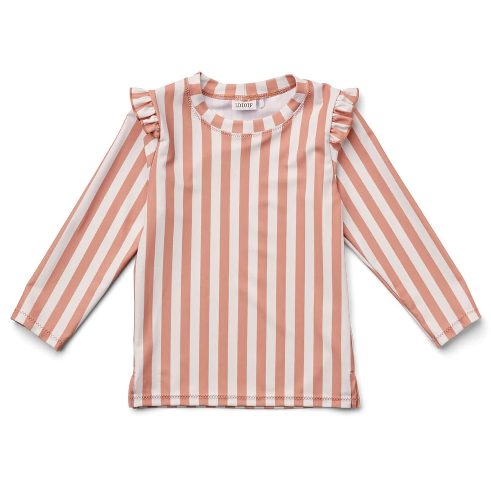 LDIOIF Girls Swim Shirt Long Sleeve Rash Guard T-Shirt Pink Striped Tankini Top SPF Lightweight Water Shirt with Ruffles 3-4T