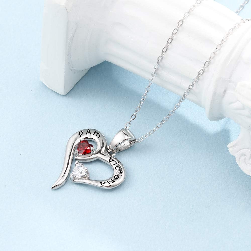 Sterling Silver Personalized 2 Names Necklace with 2 Heart Simulated Birthstone Couple Pendant Necklace for Women - Image 4