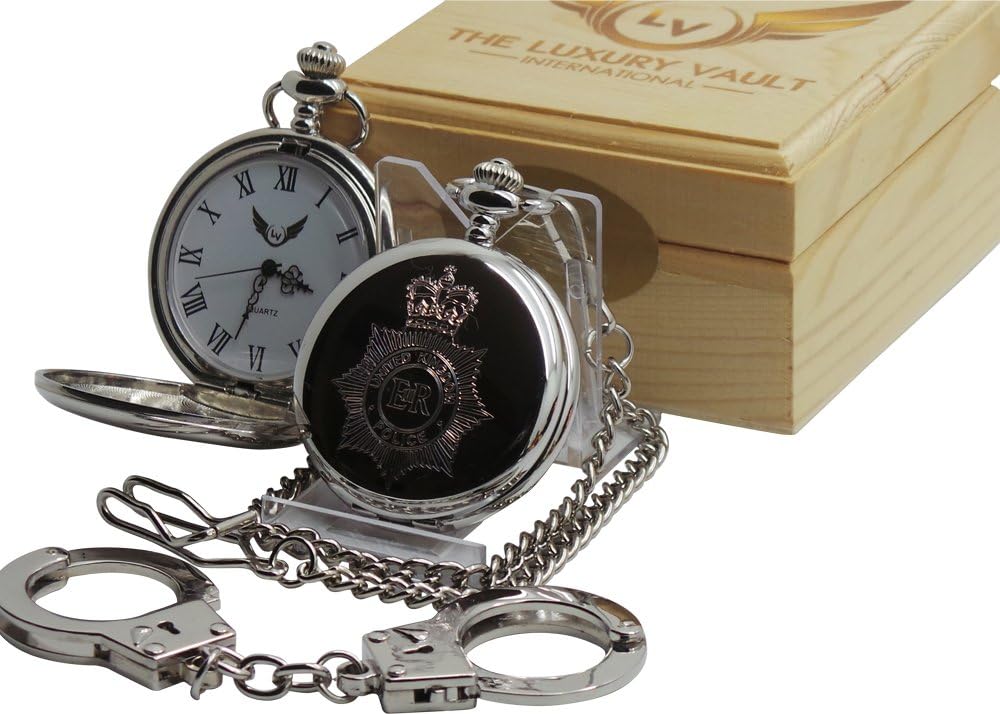 The Luxury Vault British Police Force Silver Plated Quartz Pocket Watch and Handcuffs Keyring Gift for Police Officers, Men's Watches