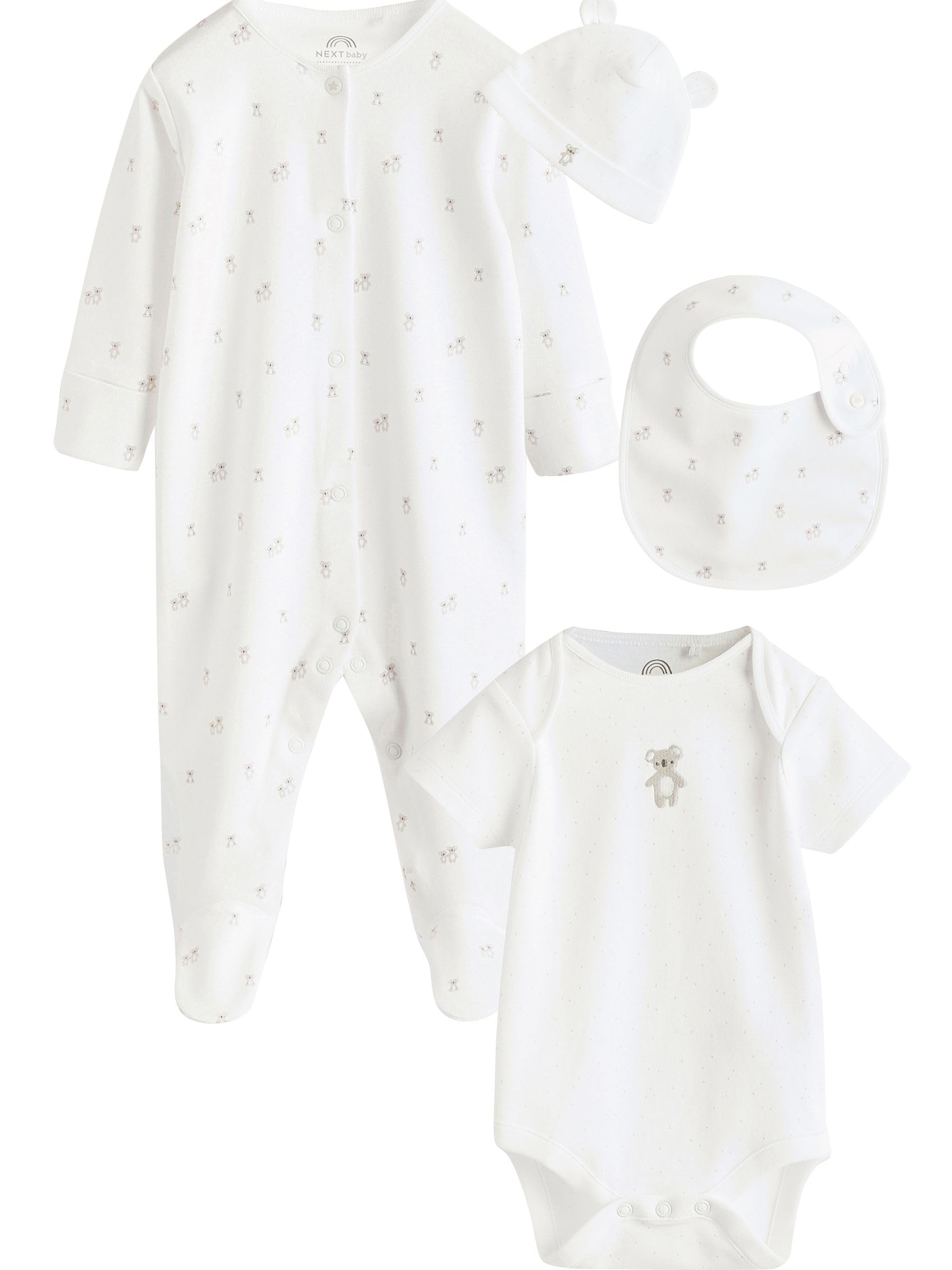 NEXT Noworodki unisex 4-częściowy komplet niemowlęcy: śpioszki, body, czapeczka i śliniaczek