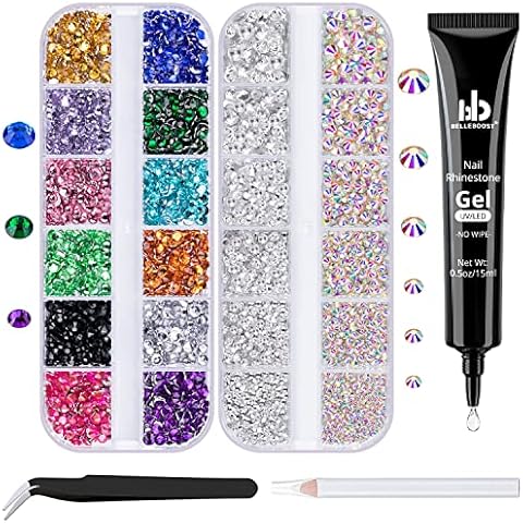BELLEBOOST Nail Art Rhinestone Glue Gel&2 Boxes Flatback Gems Kit, 1 Tube of 15ml Rhinestone Gel Glue+Colorful Gems+Flat Back Round Glass Crystal AB&Clear Gemstones with Pickup Tools Cover