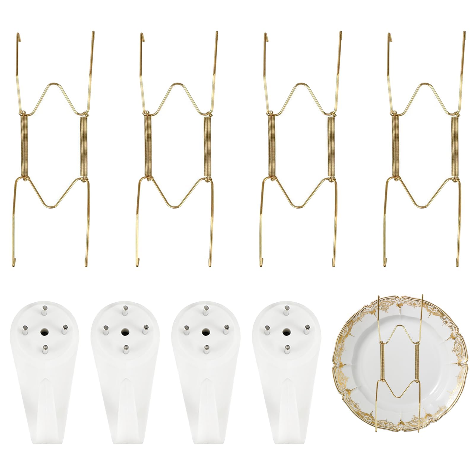 8PCS 8 Inch Gold Plate Hangers, Stainless Steel Decorative and Invisible Hooks for Walls With 4 Wall Hooks