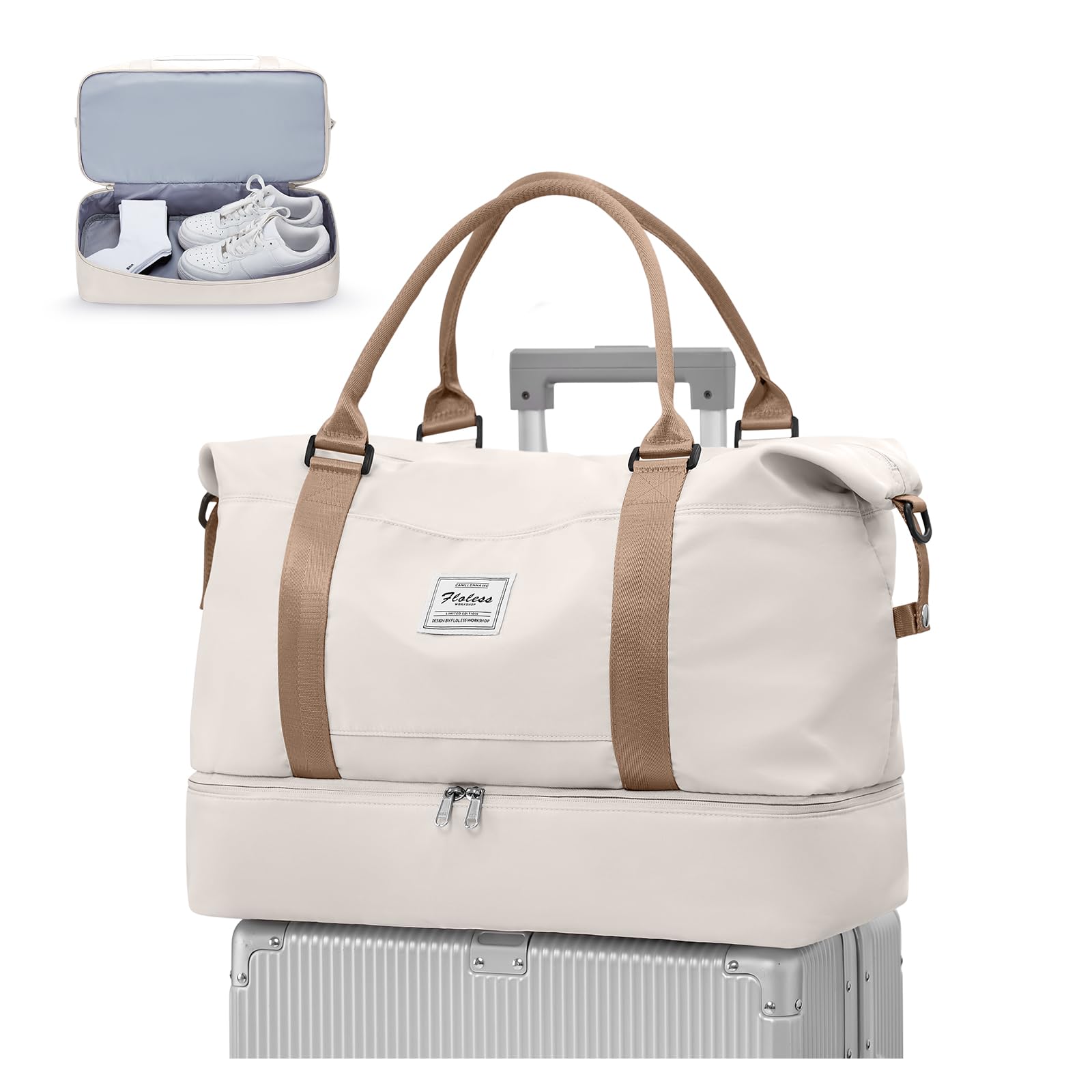 WEPLAN Borsa da Viaggio Donna Borsa da Viaggio Aereo 45x36x20 Easyjet Bagaglio a Mano Borsa Sportiva Unisex Weekender con Scomparto per le Scarpe Borsone Palestra Donna Ospedale,Beige Marrone L