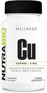 NutraBio Chelated Copper Bisglycinate Supplement (3mg), Immune Support - Copper Supplement- 90 Capsules