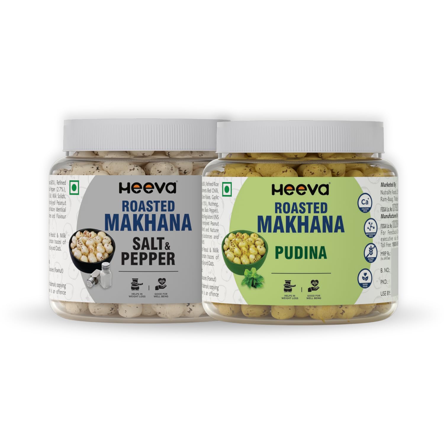 Heeva Roasted Makhana | Salt & Pepper (100g) & Pudina Flavour Combo (100g) Combo | Fox Nut | Gluten Free | Roasted - Not Fried | No Cholesterol | Healthy Super Food | Calcium Rich