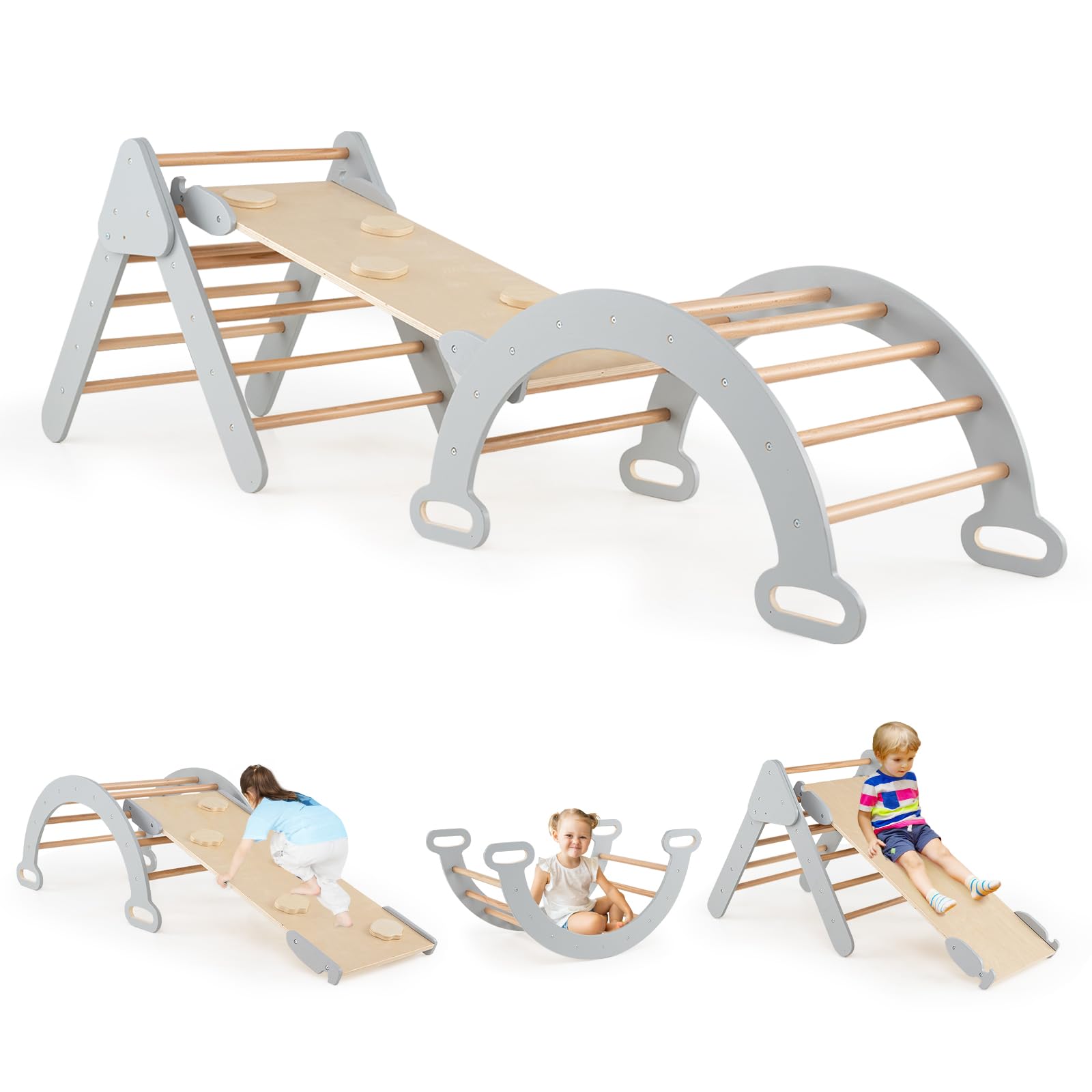 HOMASIS 3 in 1 Triangolo di Arrampicata Multiuso per Bambini, Giocattoli con Scivolo Rampa Arco, Set di Arrampicata per Asilo Nido, Parco Educativo per Bambini di 1+ Anno (Grigio)