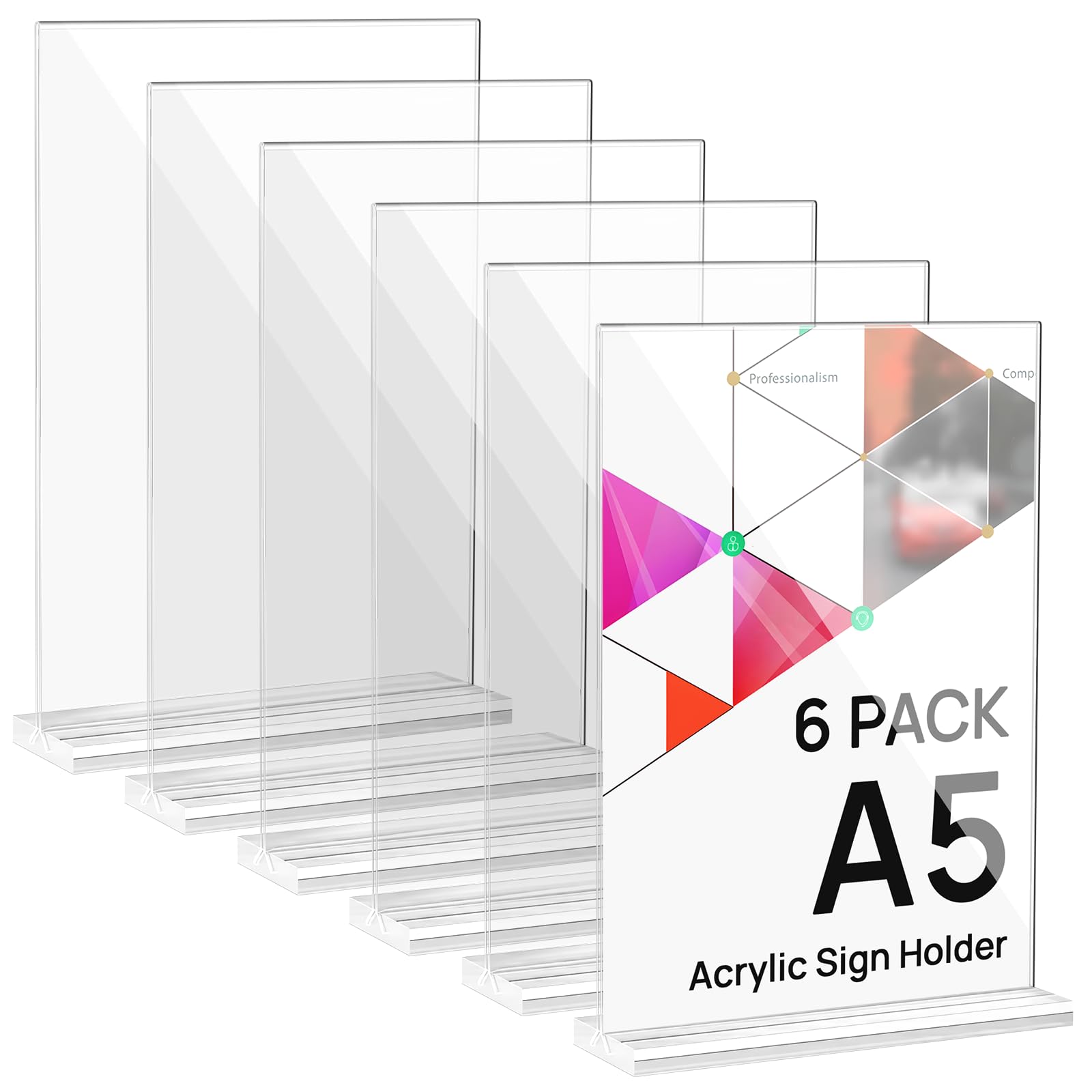 JEFURE A5 Acrylic Sign Holder, 6 Pack Clear Perspex Display Stands, T-shape Plastic Poster Stand, Double-sided Menu Holder for Home, Office, Store, Restaurant
