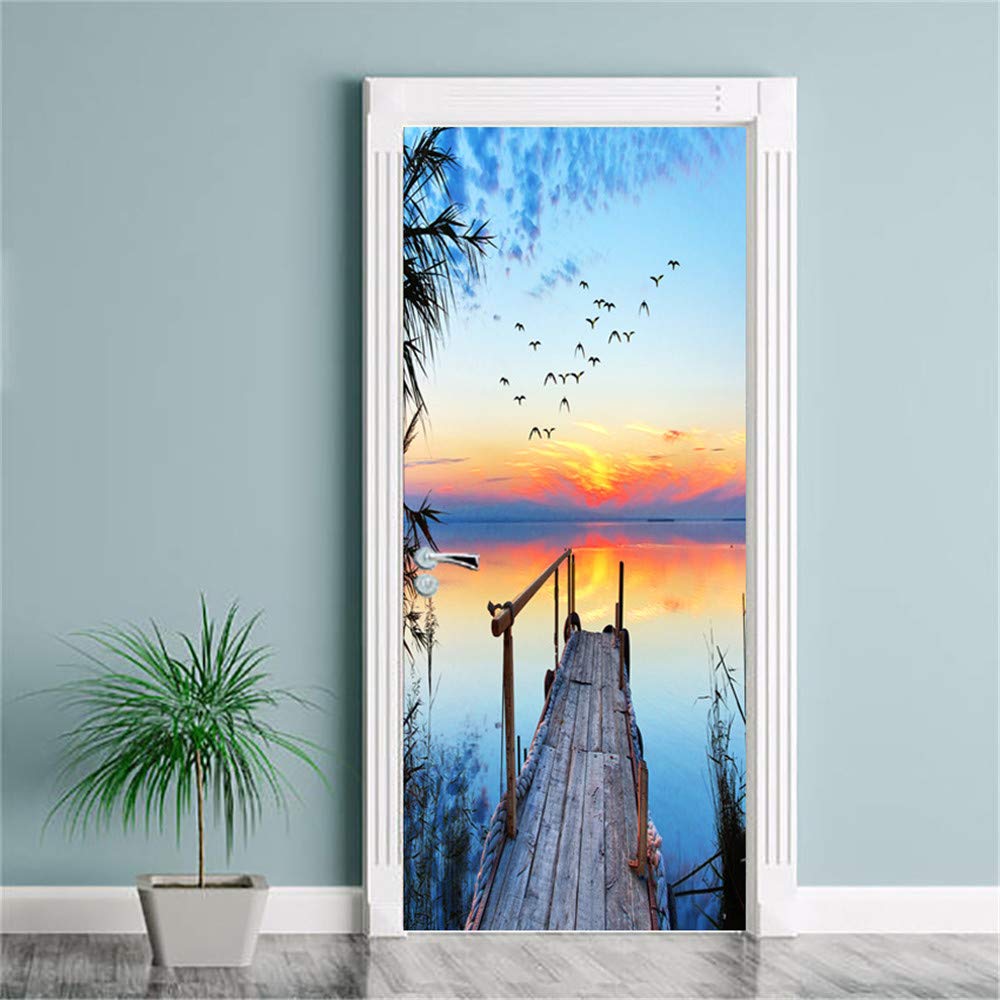 Stickers Décoration De Paysage 3D Porte en Bois Autocollant Salon Chambre PVC Amovible Auto-Adhésif Sticker Mural pour Porte Étanche Affiche Murale Murale Scène 77 * 200 Cm