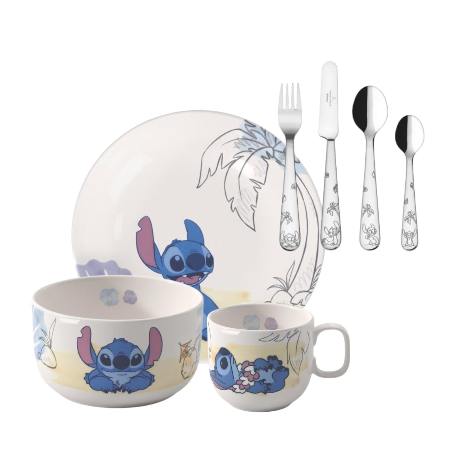 Villeroy & Boch Disney Stitch Kindergeschirr-Set 7-teilig (170 ml) | Kinder-Set mit Disney Stitch-Motiven, Premium Porzellan, Besteck aus Edelstahl, Spülmaschinenfest