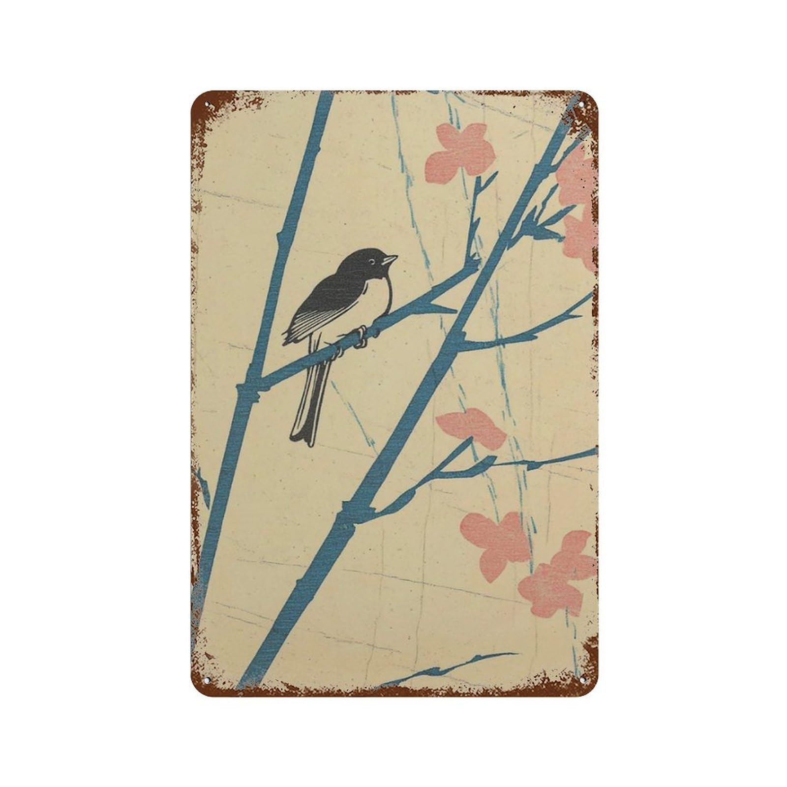 xiaoxiaoshen Japanese Bird Cherry Blossom Branch Nature Minimal Asian Wall Decor Art Metal Tin Poster Modern Home Decor Art Home Bar Shop Decorations Vintage Sign 30x20cm