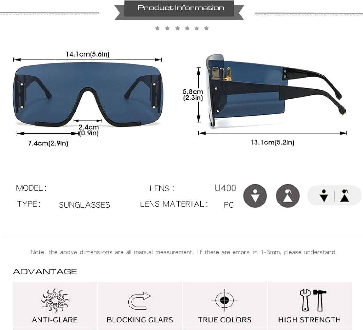 Oversized One Piece Sunglasses Women Steampunk for Men Luxury Uv400