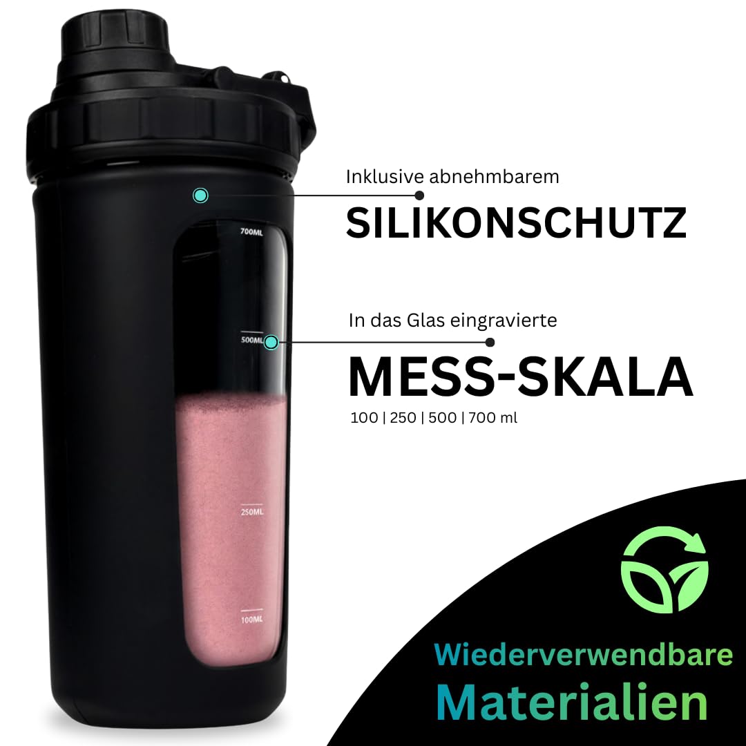 Glas Shaker 750 ml [PREMIUM] | Proteinshaker mit Mischnetz & Skala | BPA-Frei & auslaufsicher | spülmaschinenfest | robustes Spezialglas (Obsidian-Schwarz)