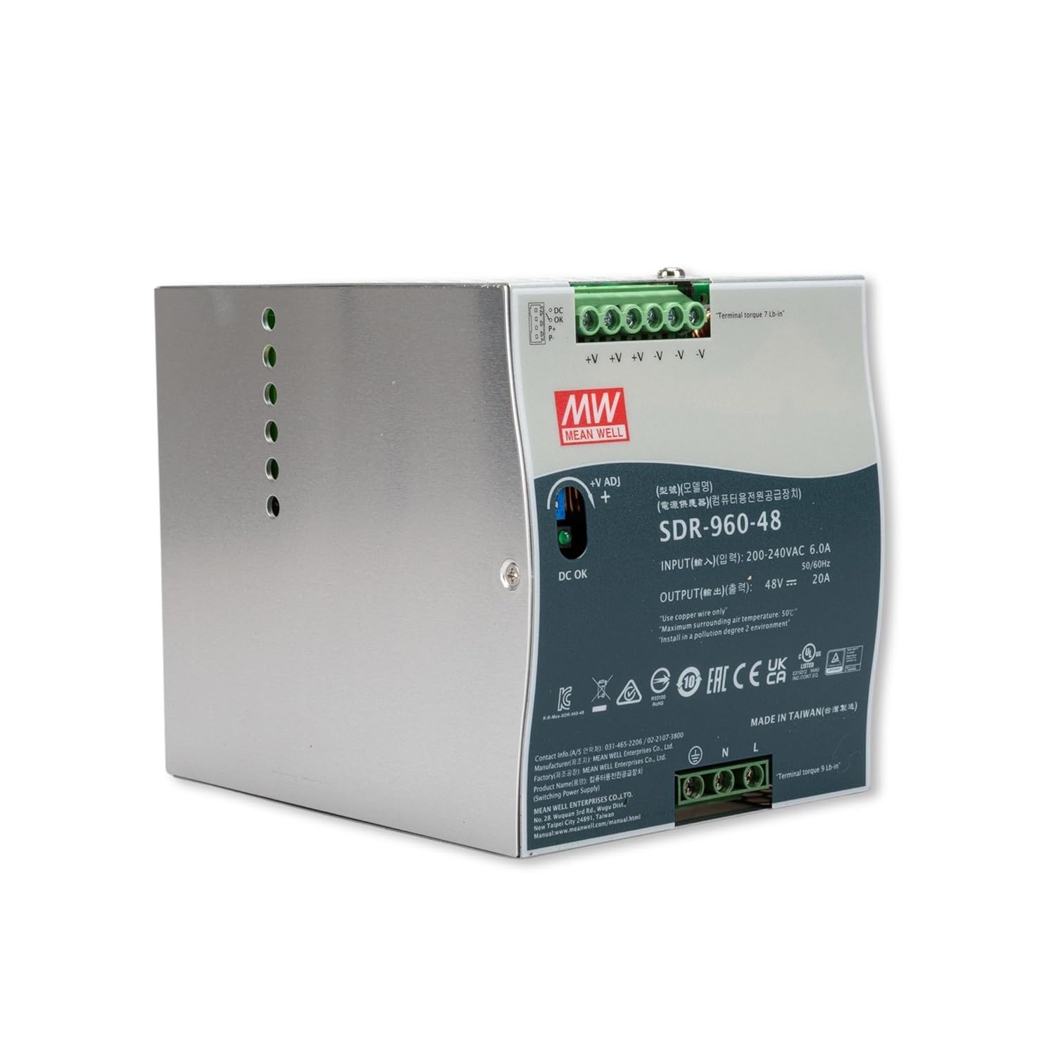MEAN WELL SDR-960-48 Single Output Industrial DIN Rail Power Supply with PFC Function, 48 Volt, 20 Amp, 960 Watt