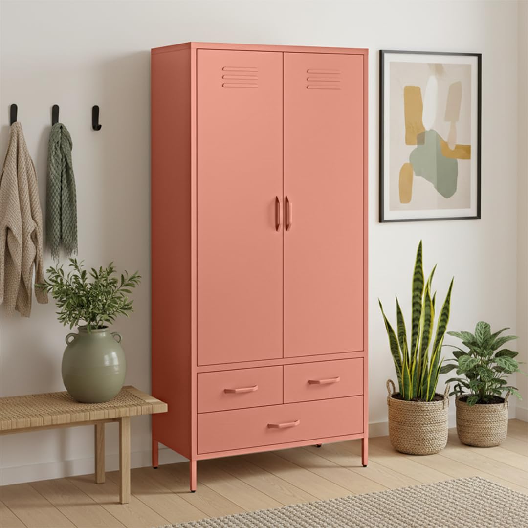 Kleiderschrank Atria – Metallkleiderschrank mit 2 Türen, 3 Schubladen, terrakotta (170x80x45 cm)