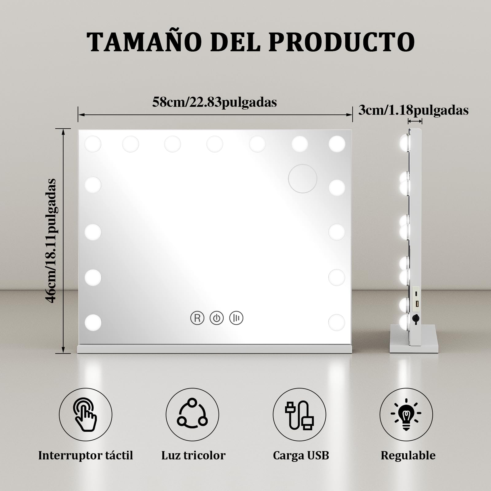 Espejo Maquillaje con Luz 58 x 46 cm, 15 LED, 3 Modos de Luz, Espejo de cortesía Hollywood, Accesorio de Aumento Incluido, Control Táctil, Función de Memoria, para Dormitorio