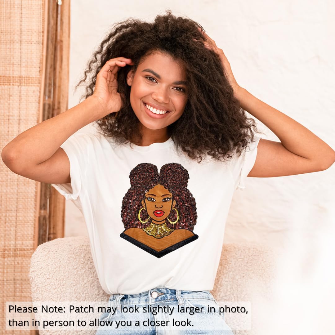 PATCHPARTYCLUB Afro Puff Diva Sequins, Embroidery, & Satin, 10" Patch, Iron-on Applique, Large Back Patch, Cute Patch for Camo, Denim, and Clothing