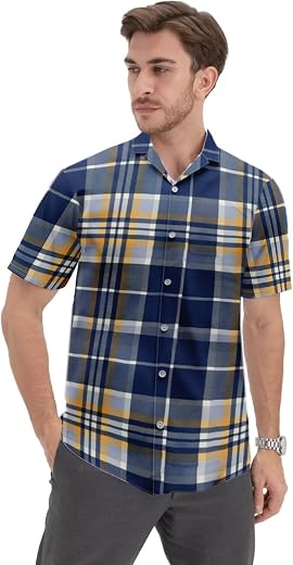 LEOTUDE Men's Slim Fit Spread Collar Printed Striped Shirt(SHRT_008_BLUECHECK_C2_P_1BLUE_XL)