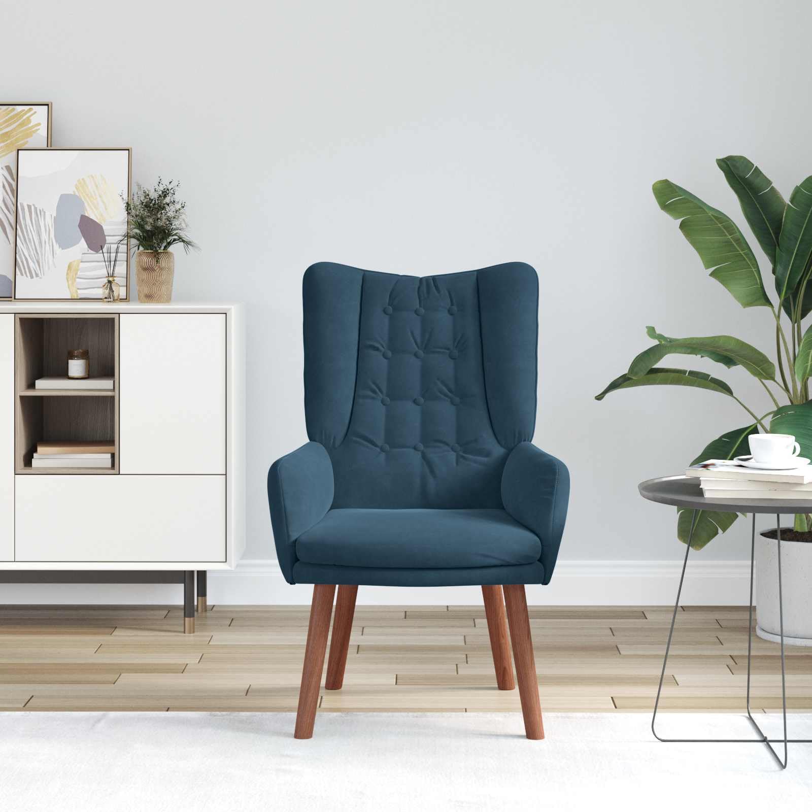 Poltrona Blu in Velluto con Braccioli Imbottiti e Gambe in Legno Massello di Hevea 63 x 67 x 94 cm, Seduta Singola Ergonomica per Soggiorno, Camera, Studio, Relax e Lettura