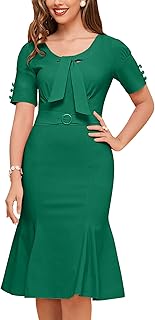 Women's Vintage 1950s Midi Crew Neck Short Sleeve Party Cocktail Work Casual Bodycon Dress