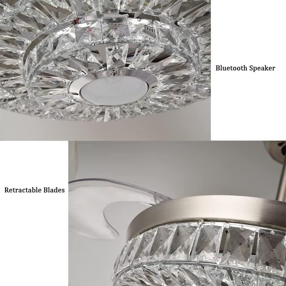 42" Crystal Chandelier Fan with Lights Bluetooth Ceiling Fan Fandelier with Light Remote Control 7 Dimmable Slient Motor Fans Lighting Fandelier for Bedroom Living Room, Silver