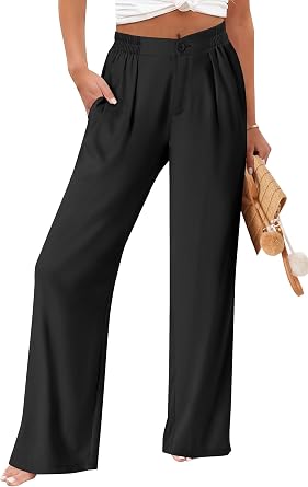 TOPYOGAS Womens Summer Boho Wide Leg Casual Pants Palazzo Button High Waist Lounge Travel Vacation Outfits