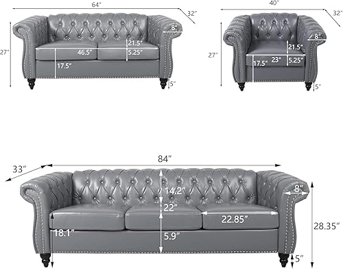 Miniatura 34 de RARZOE Moderno juego de sofá de 2 piezas para sala de estar, contemporáneo con botones copetudos, de piel sintética, sofá de tres plazas y sofá de