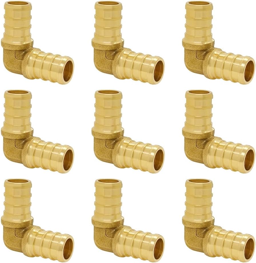 Hooshing 9PCS 3/4 Inch 90 Degree Elbow PEX Fitting Solid Brass Barb Crimp Fittings for PEX Pipe Hose
