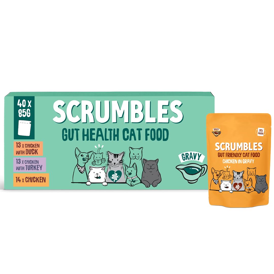 Scrumbles • Wet Cat Mega Pouches • Gravy • Hypoallergenic • All Lifestages • 14xChicken • 13 x Chicken with Turkey • 13x Chicken with Duck • 40 Pouches (85g) • 80%+ Meat • Prebiotics • Mega Pack
