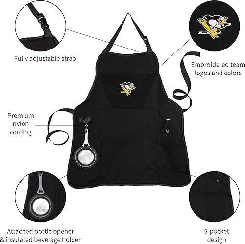 Miniatura 3 de Team Sports America Delantal negro para asar al aire libre de la NHL  Pingüinos de Pittsburgh  Hecho de algodón duradero  Abridor de bebidas y