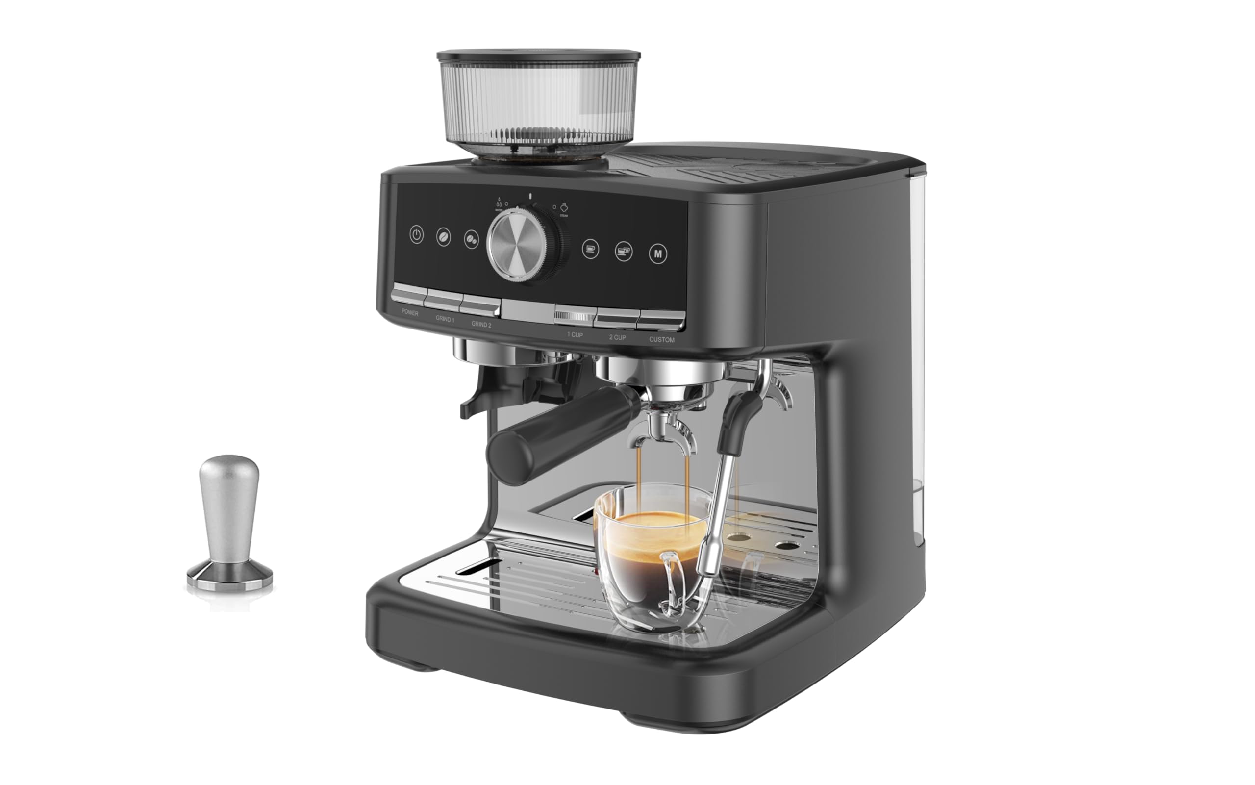 Macchina da Caffè Espresso Semiautomatica a Pressione in Plastica - 15 Bar con Macinacaffè Integrato 30 Livelli, Montalatte, Portafiltro 58mm, Serbatoio 1.5L Nero