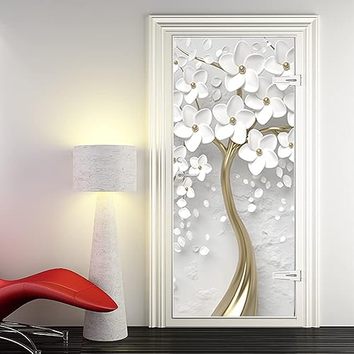 Miniatura 2 de Pegatinas 3D para puerta, calcomanías de pared doradas en relieve, flores blancas en relieve, calcomanías de pared para puerta de madera,