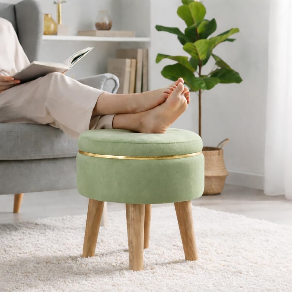 Ottoman Foot Rest | Velvet Small Ottoman Foot Stool | Solid Wood Legs & Golden Accent Ring | Footstool Puffy for Living Room Bedroom & Makeup Table| 30 x 30 cm (12 x 12 Inch) | Light Green