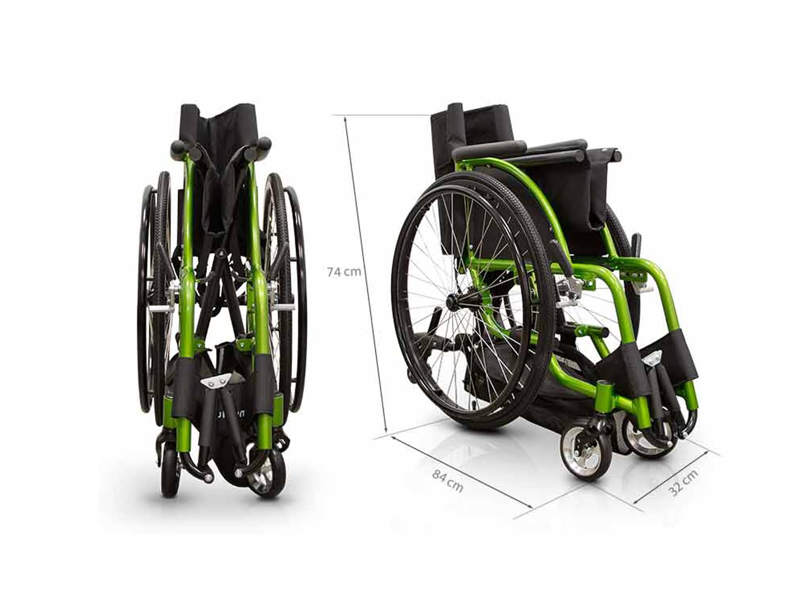 QUIRUMED Silla de ruedas deportiva, Plegable, Aluminio, Asiento acolchado, Cinturón de seguridad, Liberación rápida, Freno manual, Bolsillo portaobjetos, 74 x 57 x 84 cm