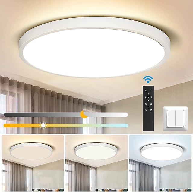 CANMEIJIA LED Ceiling Light, 24W 12 inch Bathroom Lights Ceiling with Remote Control, 3000-6500K 2520LM, Timer & Memory, Flush Ceiling Light for Living Room Kitchen Bedroom Hall Office (White)