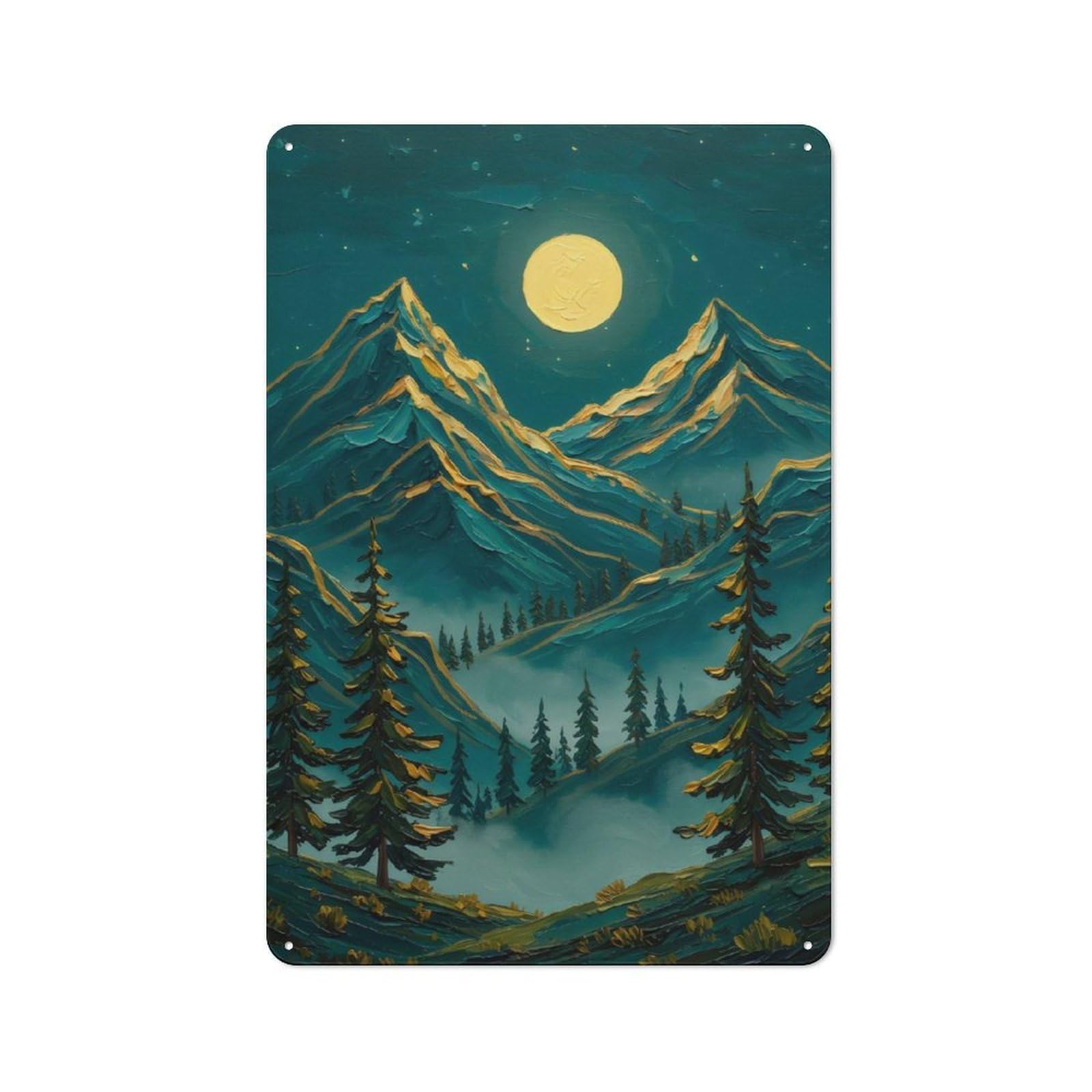 Junmoney Moonlit Pines And Peaks Vintage Metal Plaque 30X20cm For Workshop Wall, For Kitchen And Home Bar Decor, For Home Office And Studio Walls