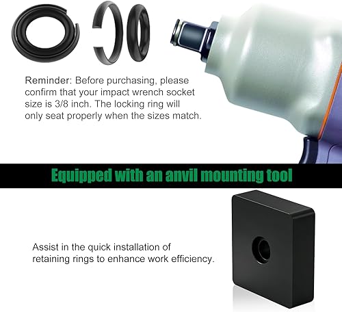 Miniatura 4 de Clip de anillo de retención de impacto de 3/8 pulgadas con junta tórica y herramienta de yunque, compatible con llave de impacto inalámbrica Negro