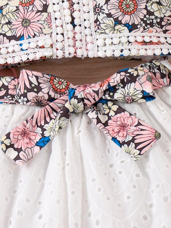 Image of PAMBERSTON Girls Dress Set, Floral Print Sleeveless Top with White Skirt and Bow Detail | Cute Casual Outfit for Girls | Perfect for Parties, Birthday, Wedding