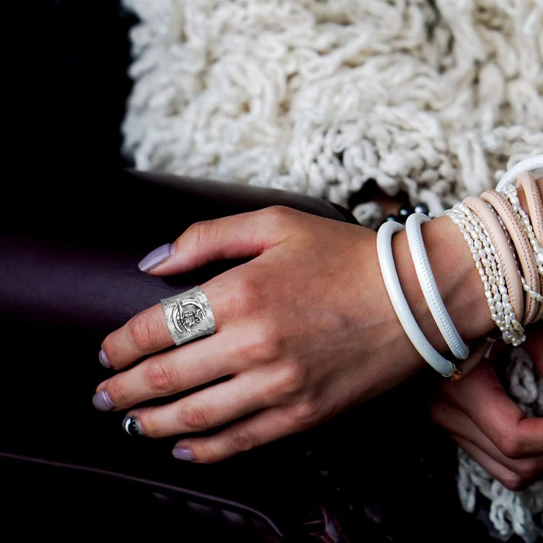 Crescent Moon Owl Octopus Wide Band Chunky Ring for Women,Retro Vintage S925 Sterling Silver Sugar Punk Ring,Thumb Index Finger Biker Gothic Ring