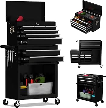 8-Drawer High Capacity Rolling Tool Chest, Removable Cabinet Storage Tool Box with Wheels and Drawers, Detachable Toolbox with Lock for Workshop Mechanics Garage Black