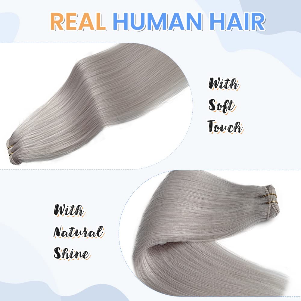 Silver Sew in Hair Extensions 26 Inch Double Weft Human Hair Bundles 130g for Women Silky Straight Double Drawn Grey Sew in Hand Tied for Fashion Silver Gray Remy Human Hairs