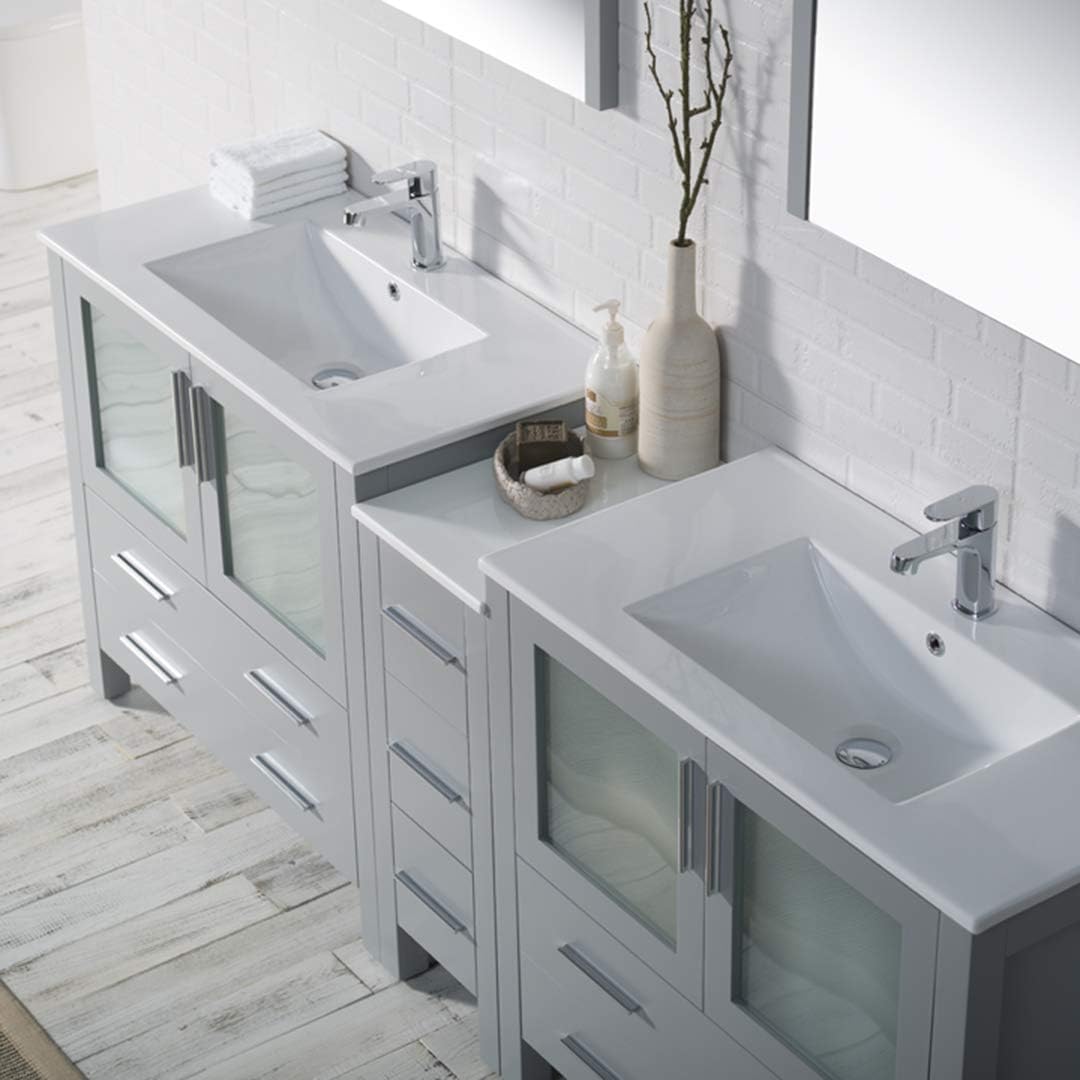 Blossom 84" Solid Wood Double Sink Vanity with Modular Side Cabinet - No MDF All Wood Bathroom Vanity Combo - Metal Grey Finish with Soft Close Drawers & Vitreous China Sinks
