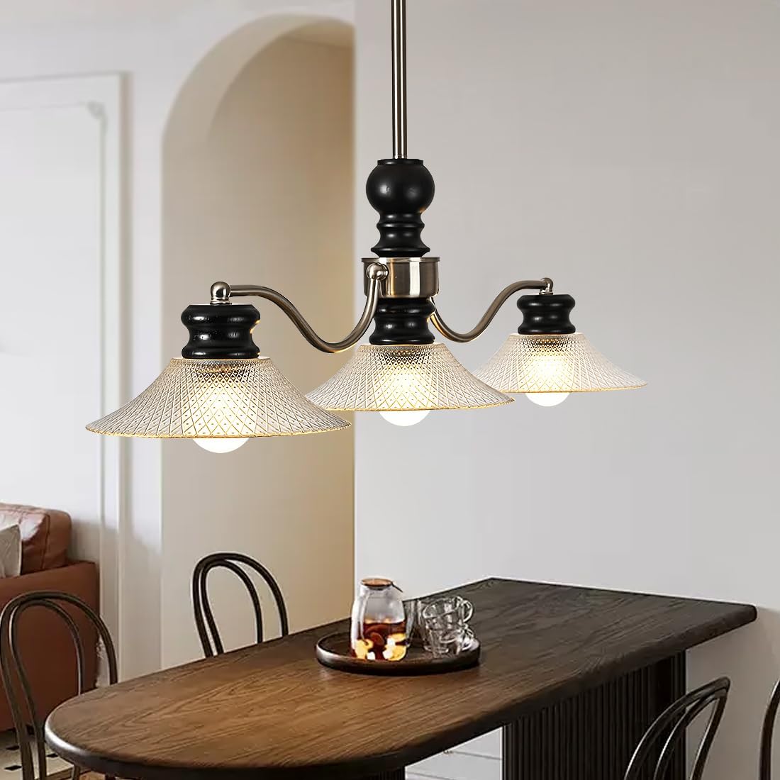 Modern 3 - Light Kitchen Island Pendant Light, Brushed Nickel Finish with Solid Wood Accents, Glass Shades, Industrial Farmhouse Chandelier